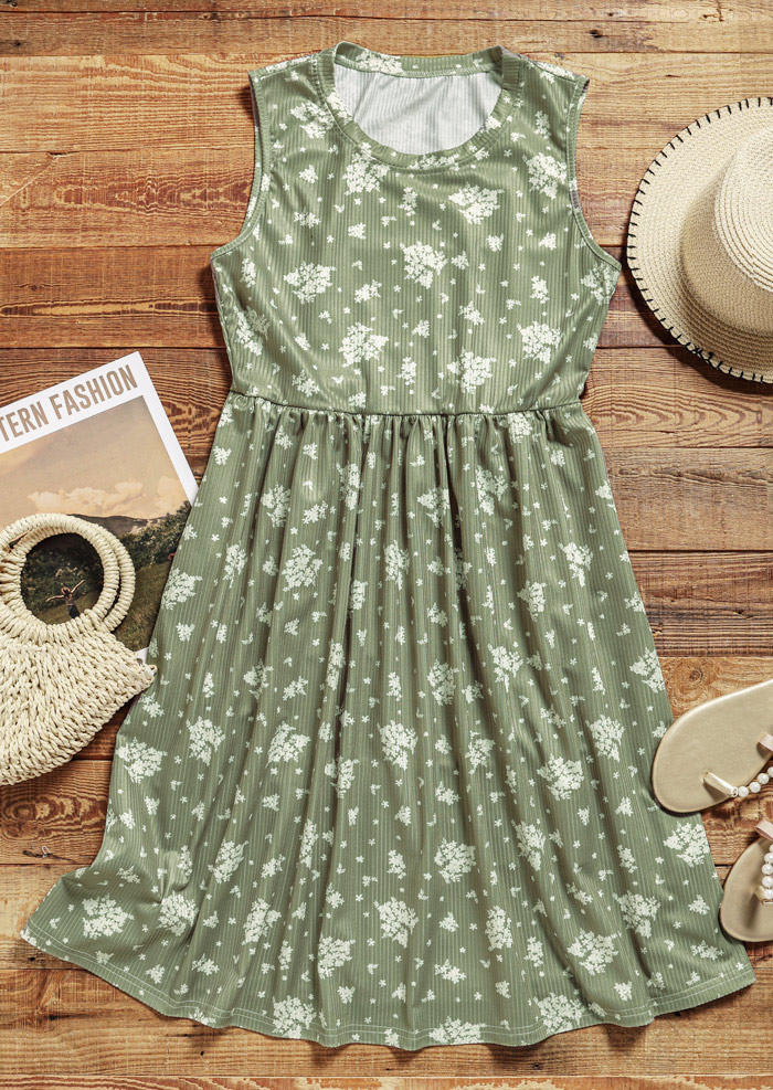 Floral Pocket Ruffled O-Neck Sleeveless Mini Dress - Green
