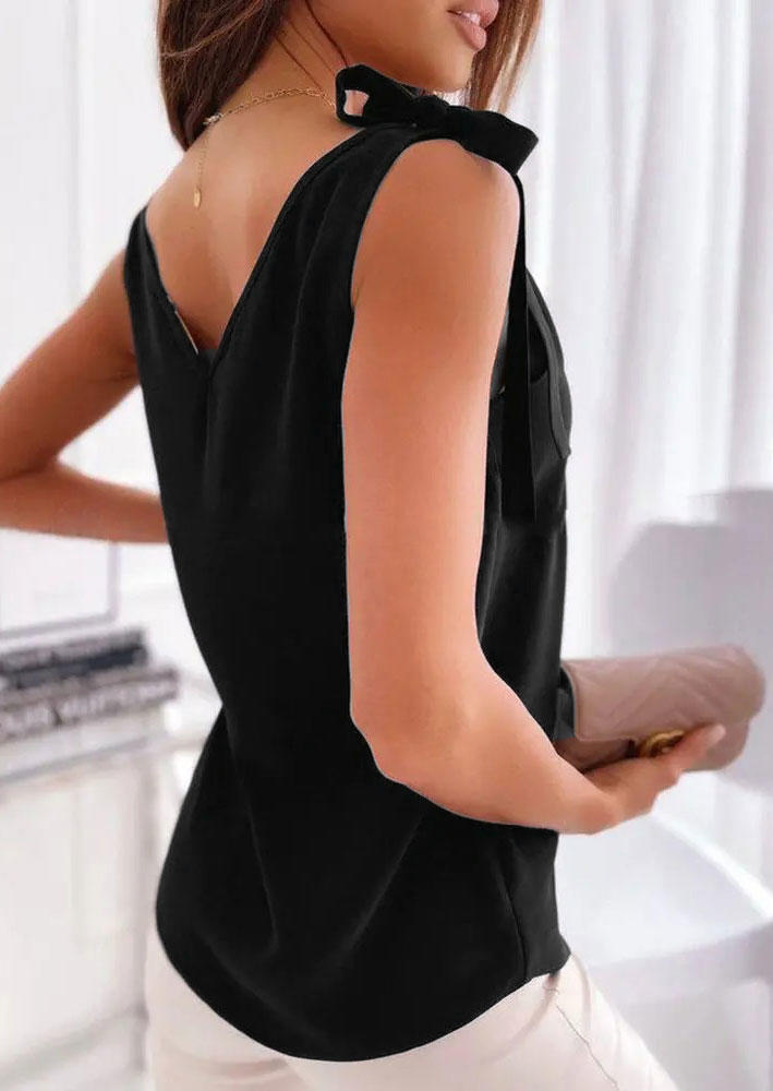 

Tank Tops Tie V-Neck Casual Tank Top in Black. Size