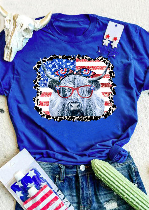 

T-shirts Tees American Flag Highland Cattle Leopard T-Shirt Tee - Royal Blue in Blue. Size: L