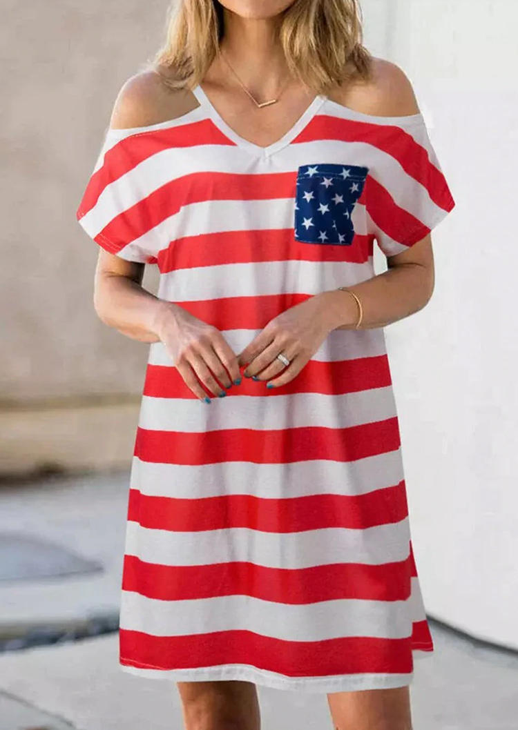 Mini Dresses American Flag Pocket Cold Shoulder Mini Dress in Multicolor. Size: L,M,S,XL