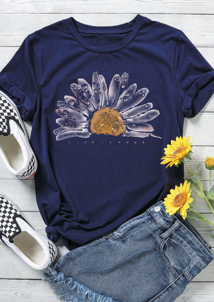 T-shirts Tees Watercolor Daisy Life Is Good T-Shirt Tee - Navy Blue in Blue. Size: S