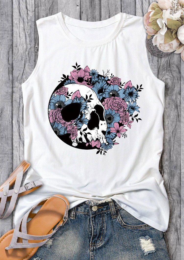 

Tank Tops Rose Skull O-Neck Casual Tank Top in White. Size