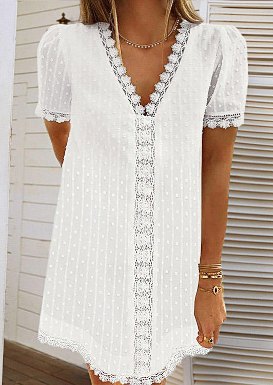 

Mini Dresses Lace Splicing Dotted Swiss Short Sleeve Mini Dress in White. Size