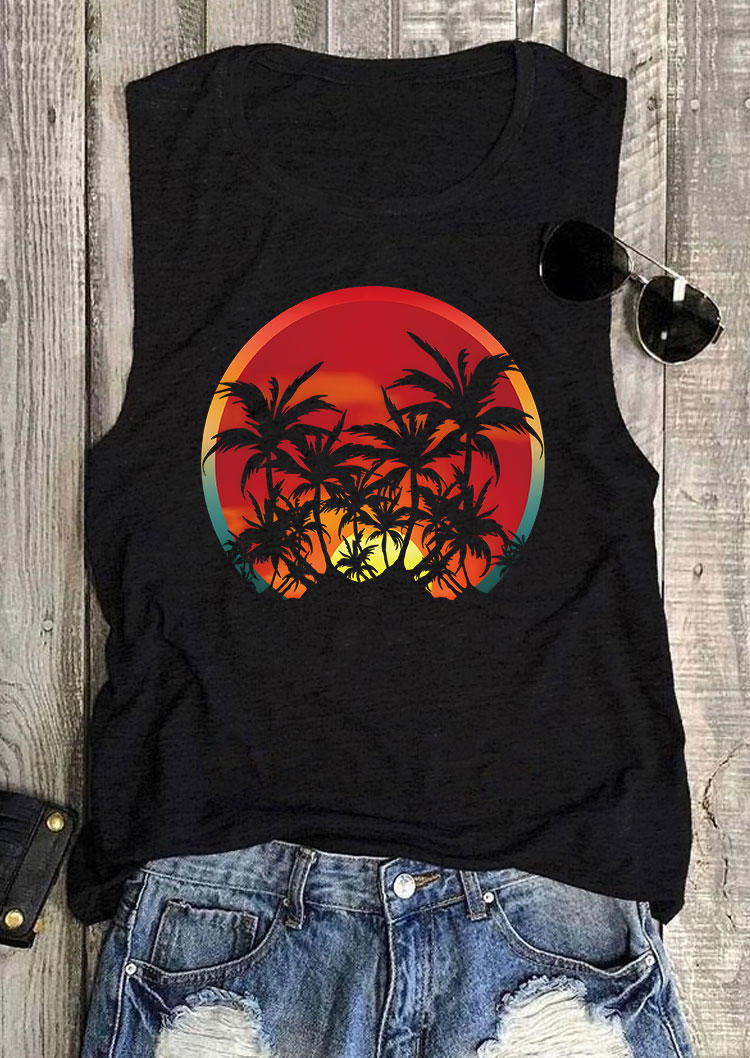 

Tank Tops Coconut Tree Sunset O-Neck Tank Top in Black. Size