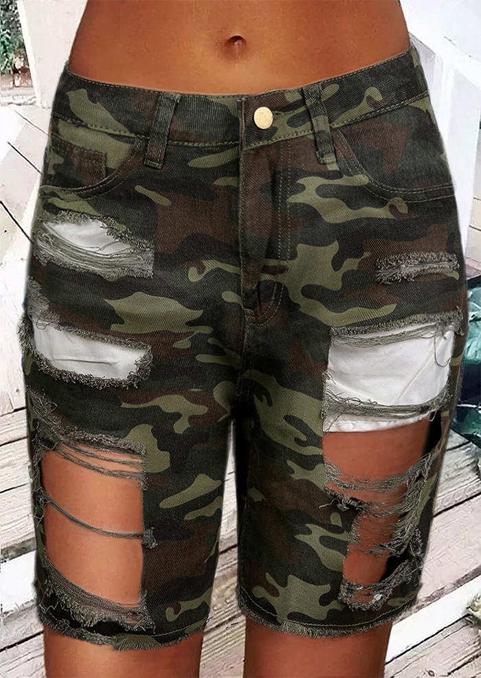 Shorts Camouflage Ripped Hole Hollow Out Shorts in Multicolor. Size: M
