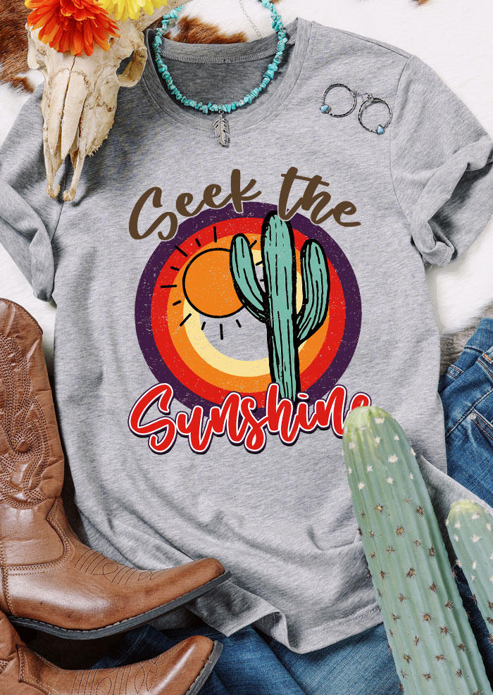 T-shirts Tees Seek The Sunshine Cactus T-Shirt Tee in Gray. Size: S,M,L,XL