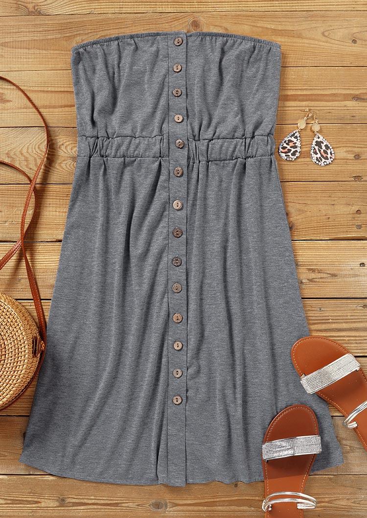 Mini Dresses Button Smocked Strapless Bandeau Mini Dress in Gray. Size: L,S,XL