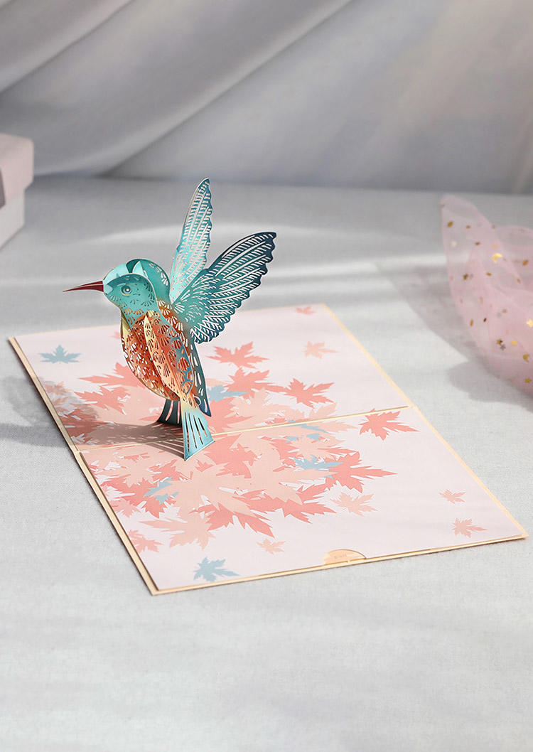 3D Hummingbird Maple Leaf Paper Carving Pop-up Greeting Gift Card in Multicolor. Size: One Size