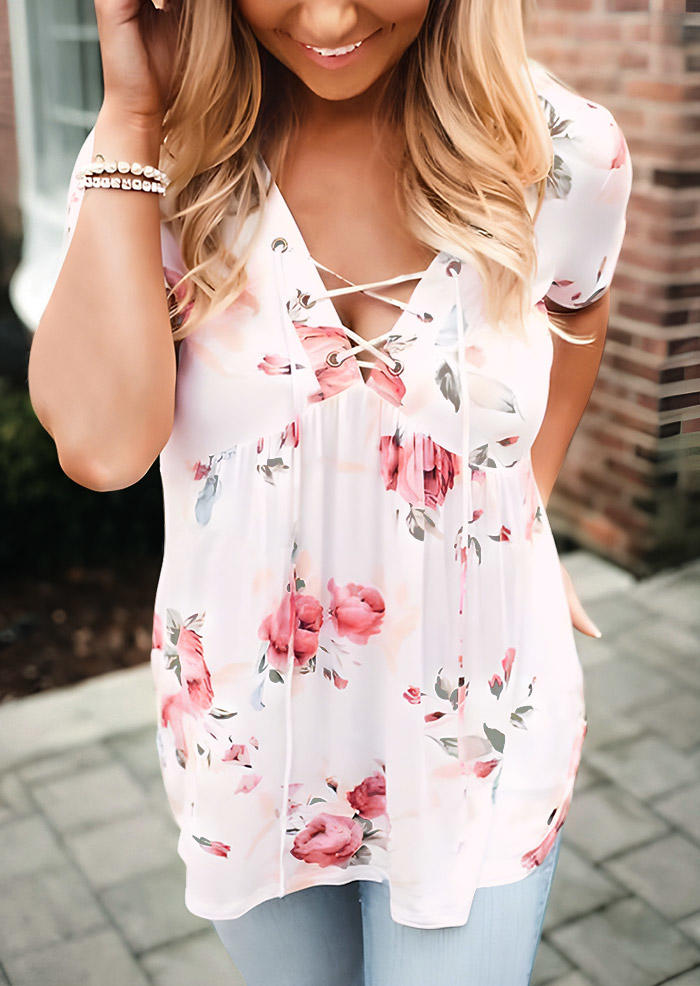 Floral Lace Up Casual Blouse - White