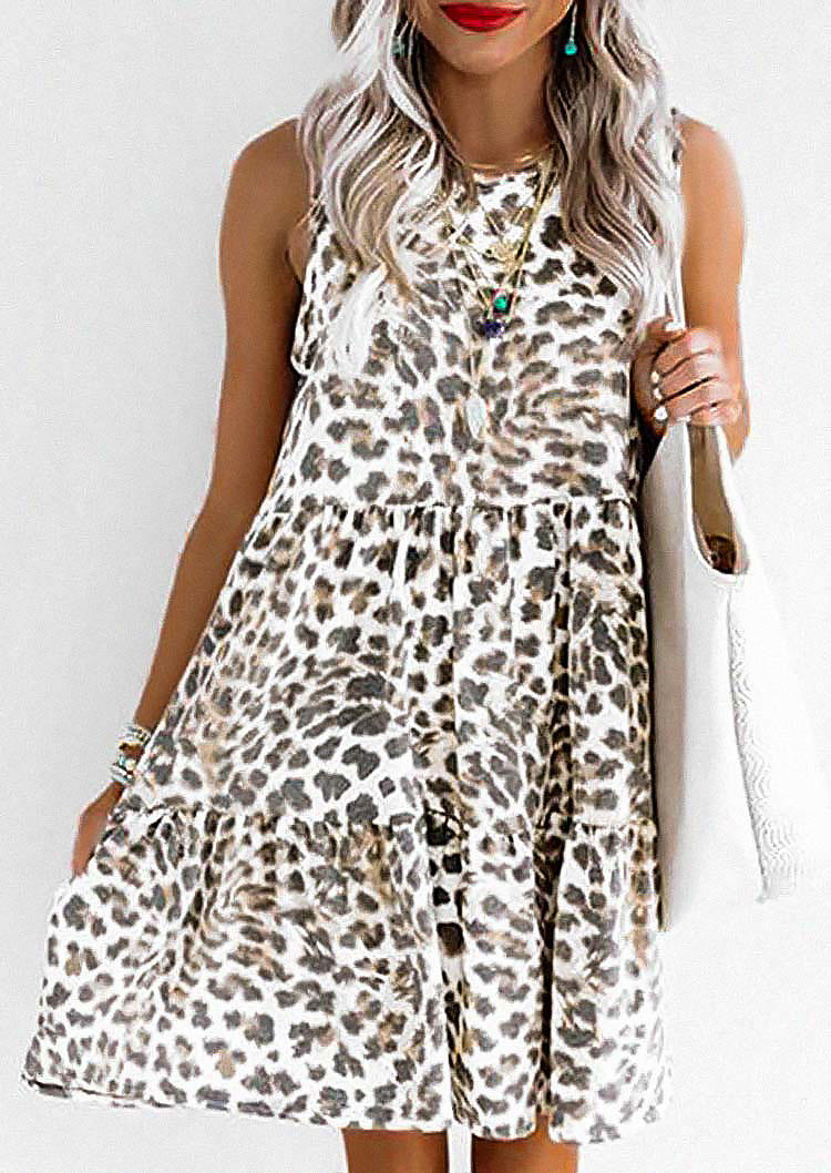 Mini Dresses Leopard Ruffled Sleeveless Mini Dress in Multicolor. Size: L