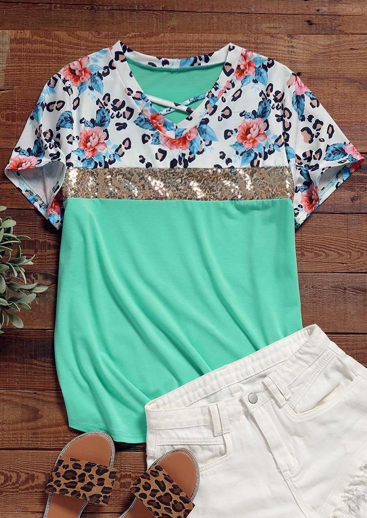 Leopard Sequined Criss-Cross Casual Blouse - Green