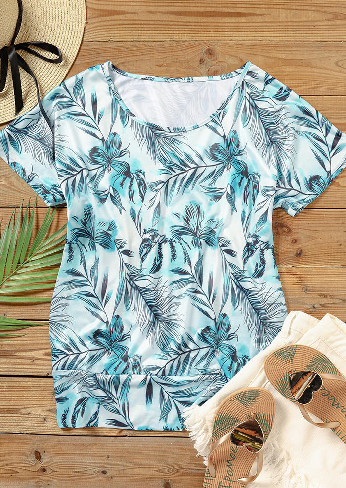 Blouses Leaf Short Sleeve O-Neck Blouse in Multicolor. Size: S,M,L,XL