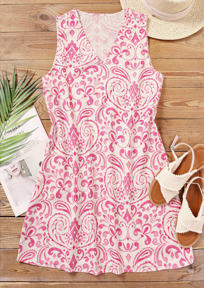 Mini Dresses Bohemian Swirl Floral Sleeveless Mini Dress in Pink. Size: L,M,S,XL