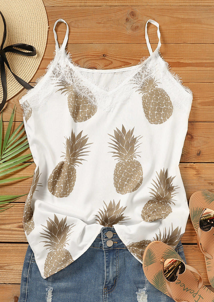 

Tank Tops Lace Splicing Pineapple Casual Camisole in White. Size
