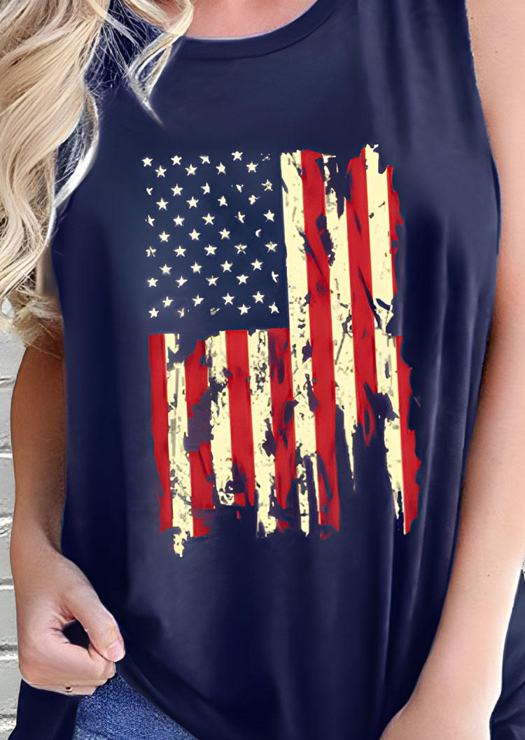 Tank Tops American Flag O-Neck Tank Top in Navy Blue. Size: S,M,L,XL