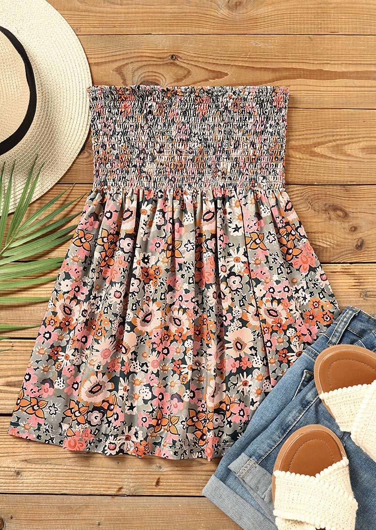 

Tank Tops Floral Smocked Ruffled Strapless Casual Tank Top in Multicolor. Size
