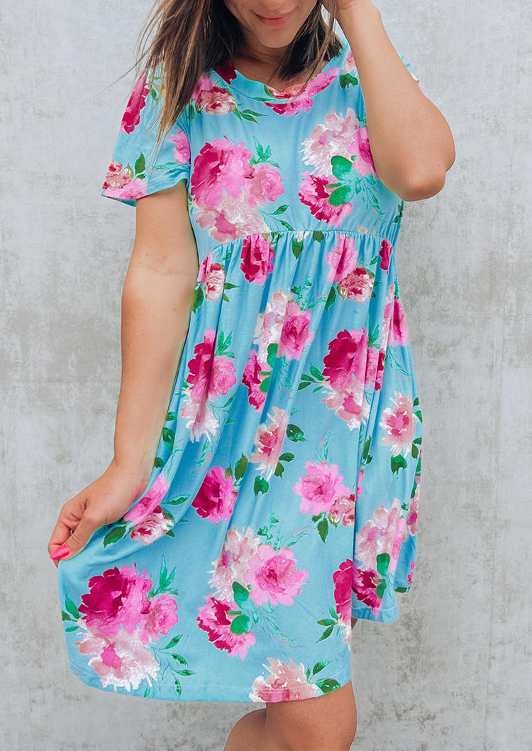 Floral Ruffled O-Neck Mini Dress - Blue