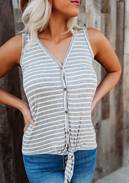 Striped Button Tie V-Neck Tank