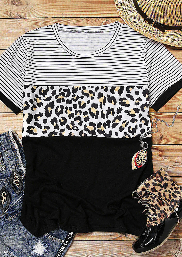 

T-shirts Tees Leopard Printed Striped Splicing T-Shirt Tee in Black. Size