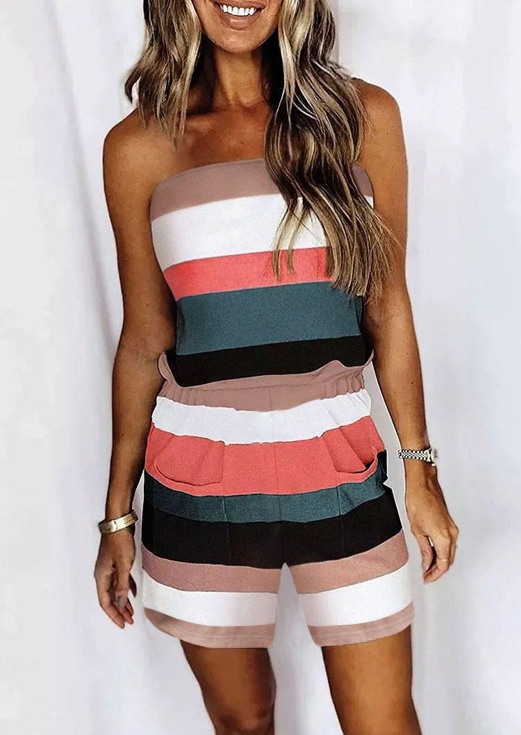 Jumpsuits & Rompers Striped Color Block Pocket Strapless Bandeau Romper in Multicolor. Size: XL