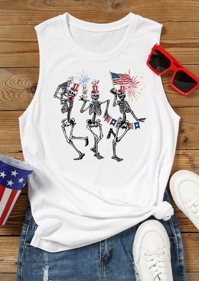 

Tank Tops American Flag Skeleton O-Neck Tank Top in White. Size: ,L,XL