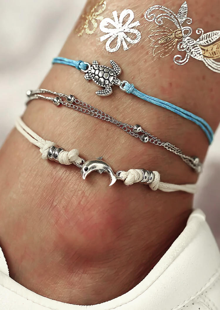

Body Jewelry 3Pcs Turtle Dolphin Braided Anklet Set in Multicolor. Size