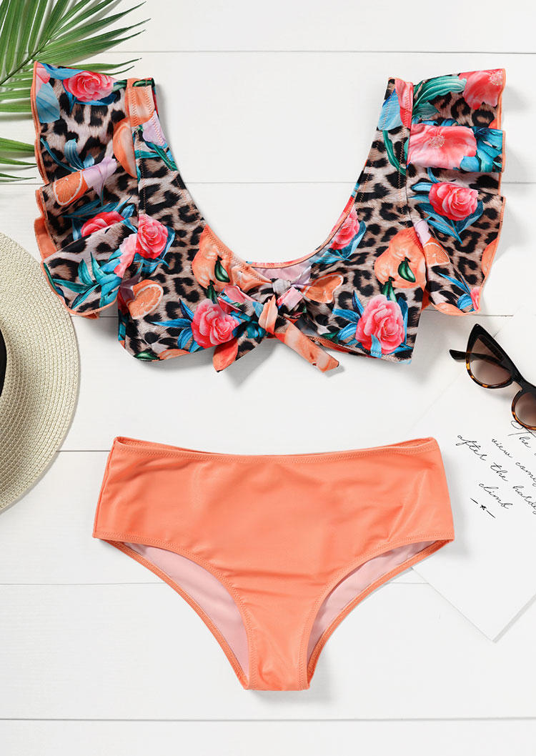 Bikini Sets Floral Leopard Tie Bikini Set in Orange. Size: S