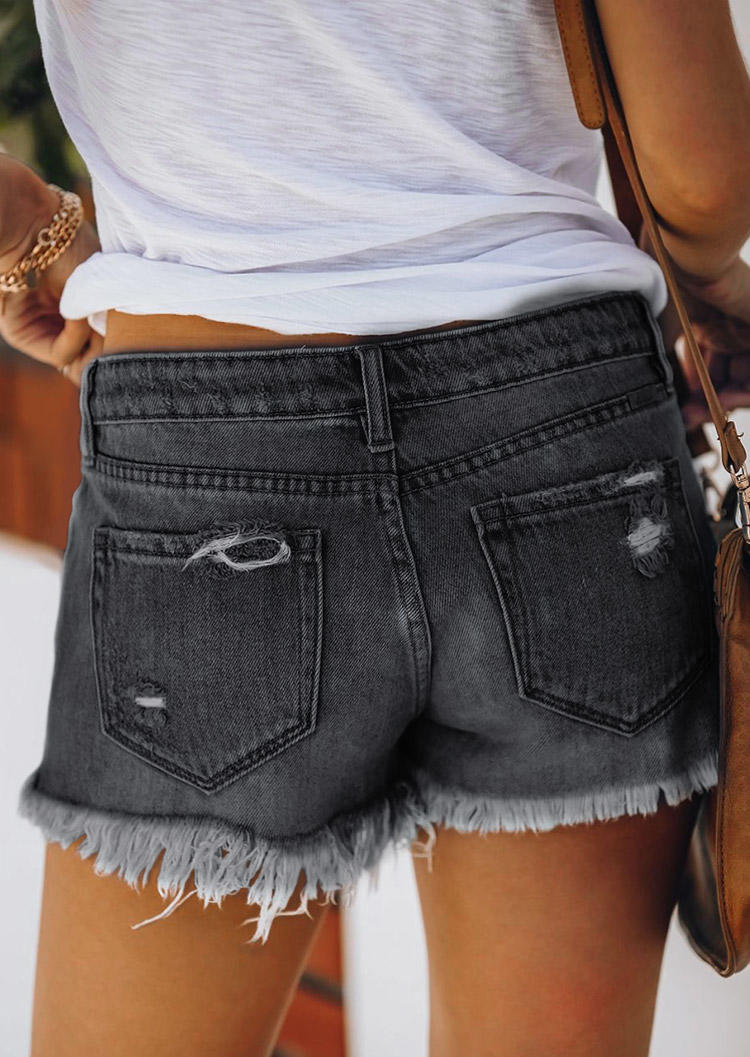Shorts Pocket Button Ripped Hole Denim Shorts in Black. Size: S
