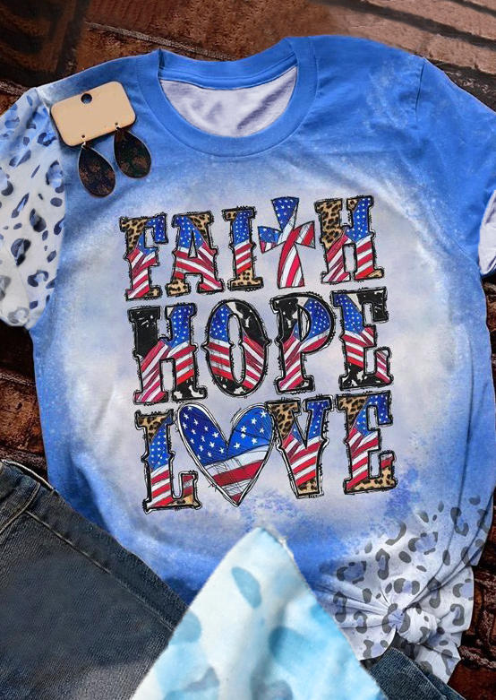 Faith Hope Love Leopard Cross Bleached T-Shirt Tee - Blue