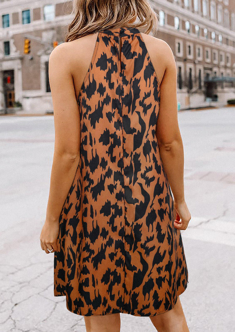Leopard Button Hollow Out Halter Mini Dress - Brown