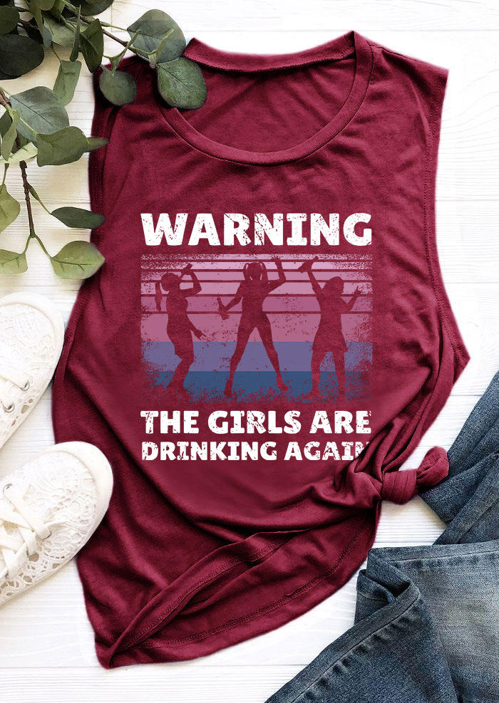 

Tank Tops Warning The Girls Are Drinking Again Tank Top in Burgundy. Size