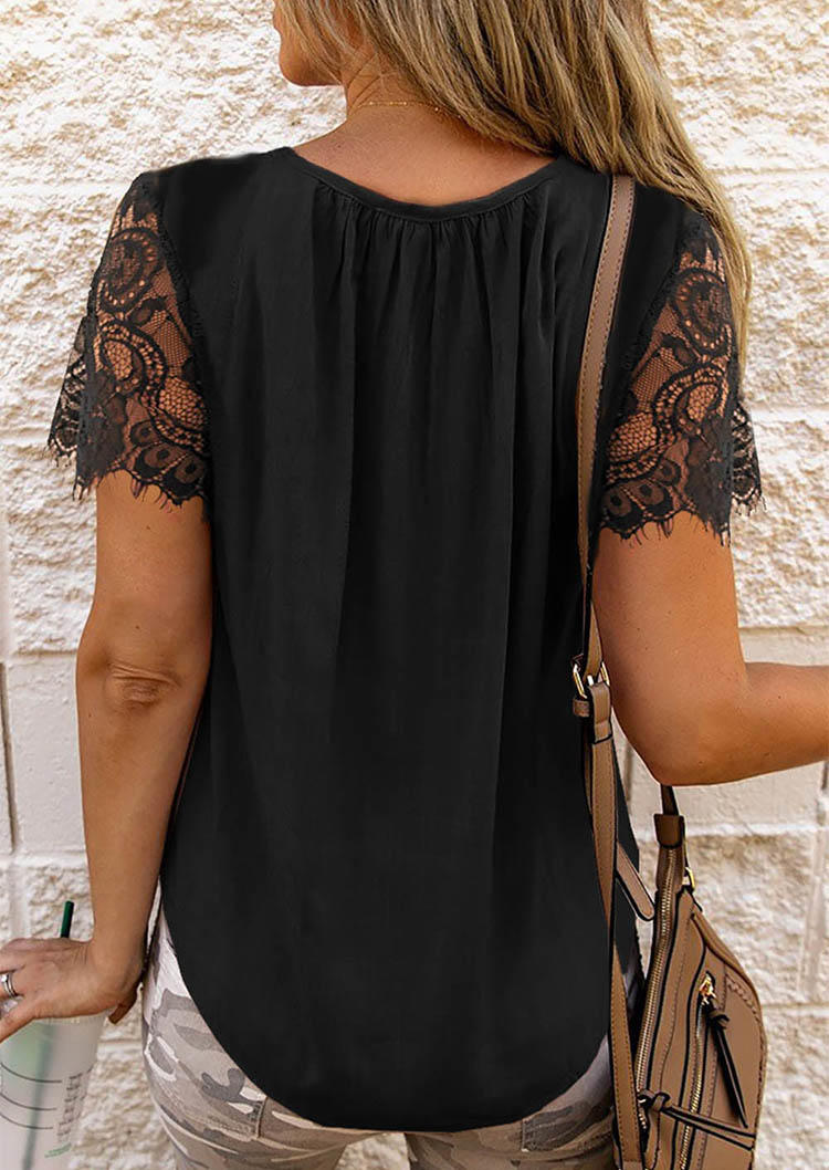 Blouses Lace Splicing Criss-Cross Short Sleeve Blouse in Black. Size: S