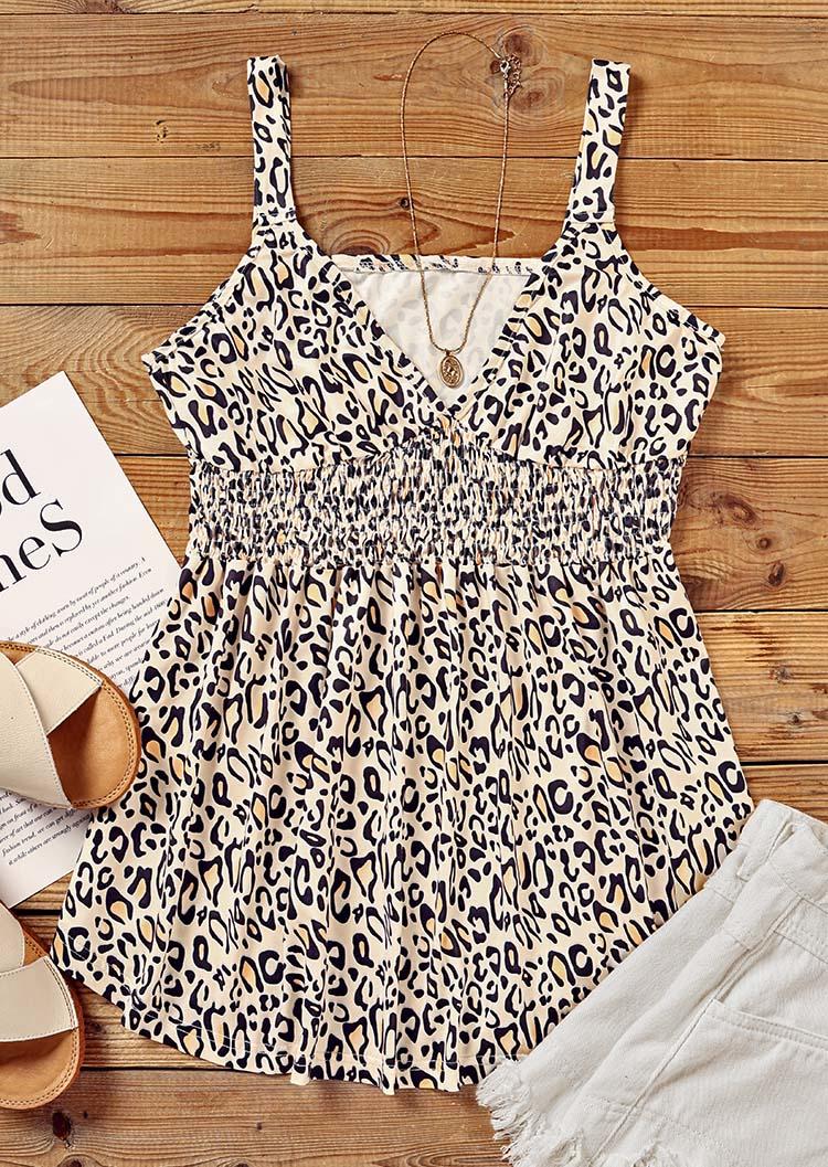 Tank Tops Leopard Smocked V-Neck Camisole in Multicolor. Size: L,XL