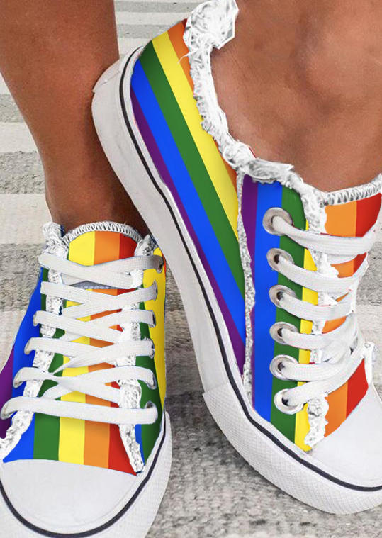 Sneakers Colorful Striped Frayed Hem Flat Sneakers in Multicolor. Size: 37,38,39,40,41
