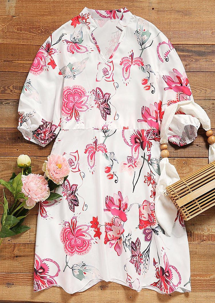 

Mini Dresses Floral Puff Sleeve V-Neck Mini Dress in White. Size