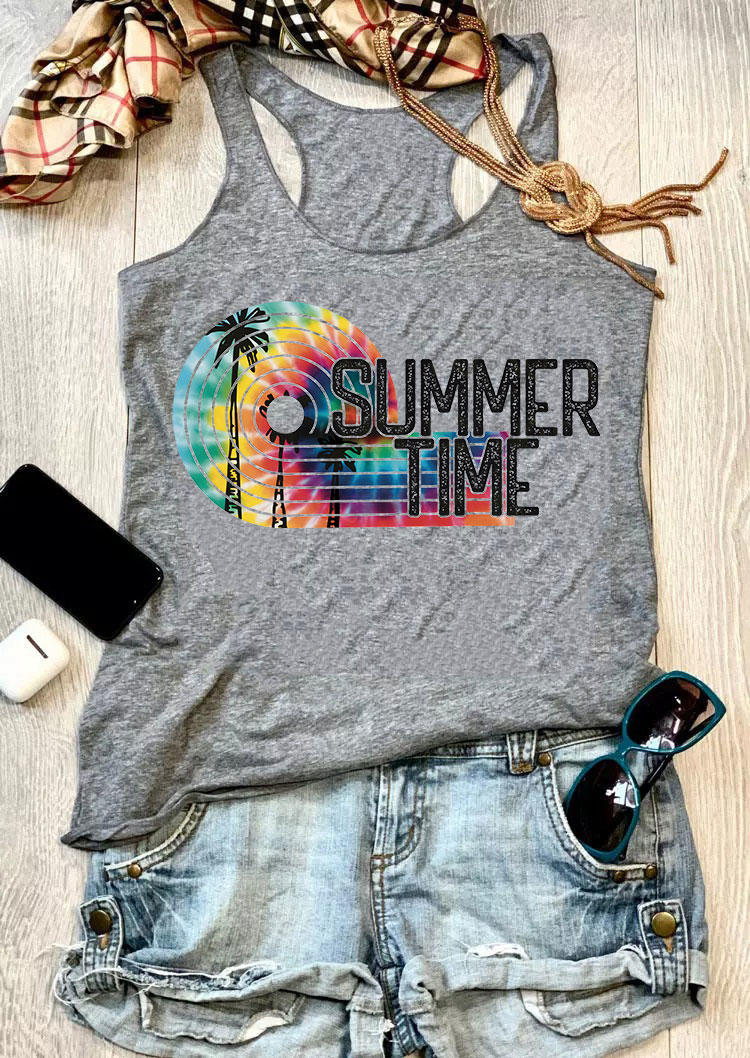 Tank Tops Summer Time Coconut Tree Racerback Tank Top in Gray. Size: S,M,L,XL