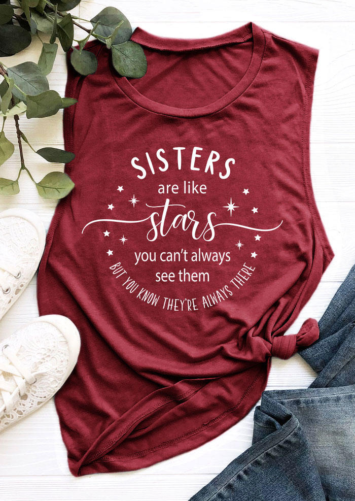 

Tank Tops Sisters Are Like Stars O-Neck Tank Top in Burgundy. Size