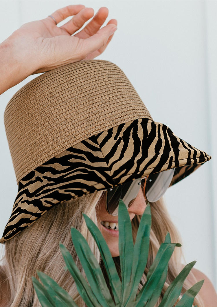 Hats Zebra Splicing Sun Visor Wide Brim Straw Hat in Khaki. Size: One Size