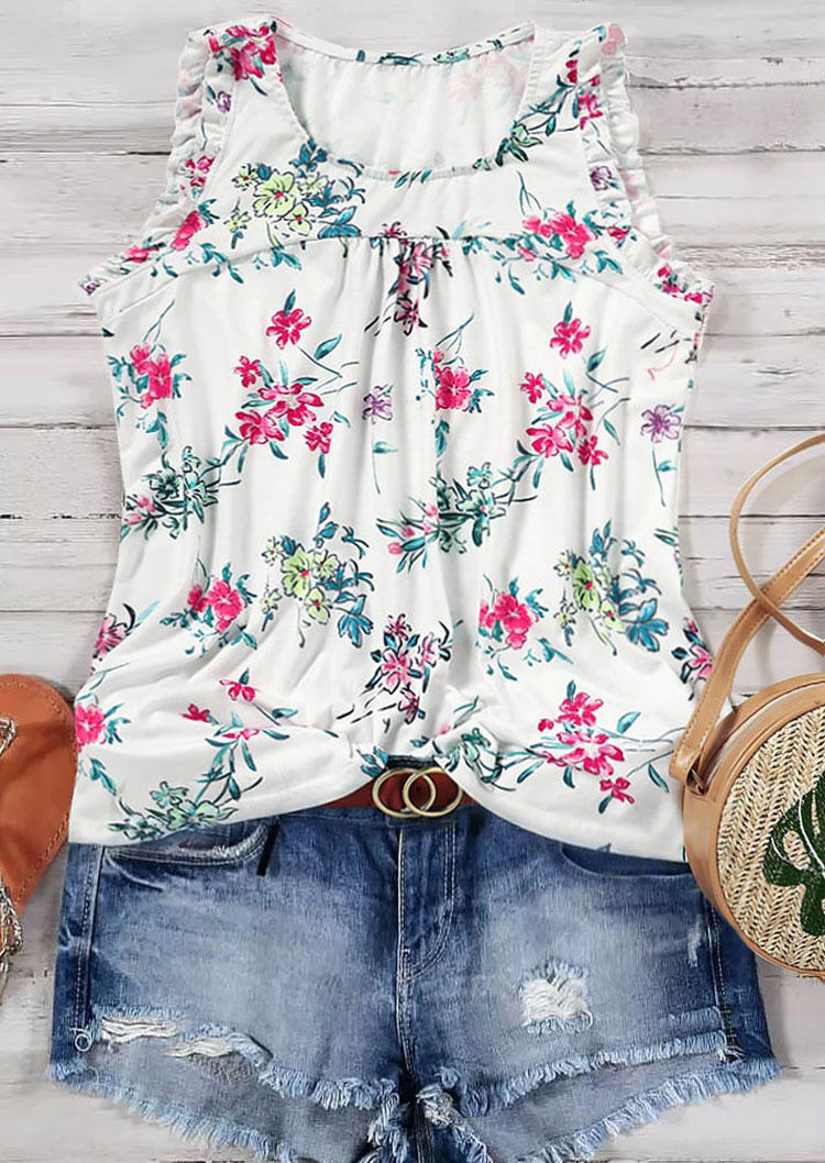 

Tank Tops Floral Ruffled Sleeveless Casual Tank Top in White. Size: L,M