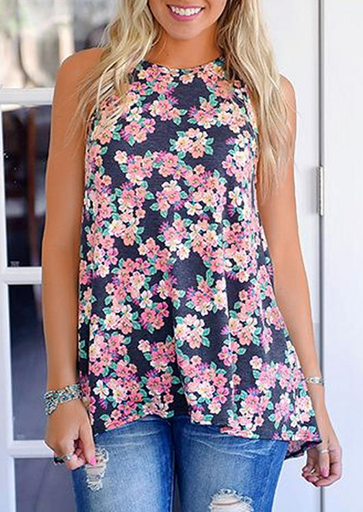 Tank Tops Floral Open Back Casual Tank Top in Multicolor. Size: L,M,S