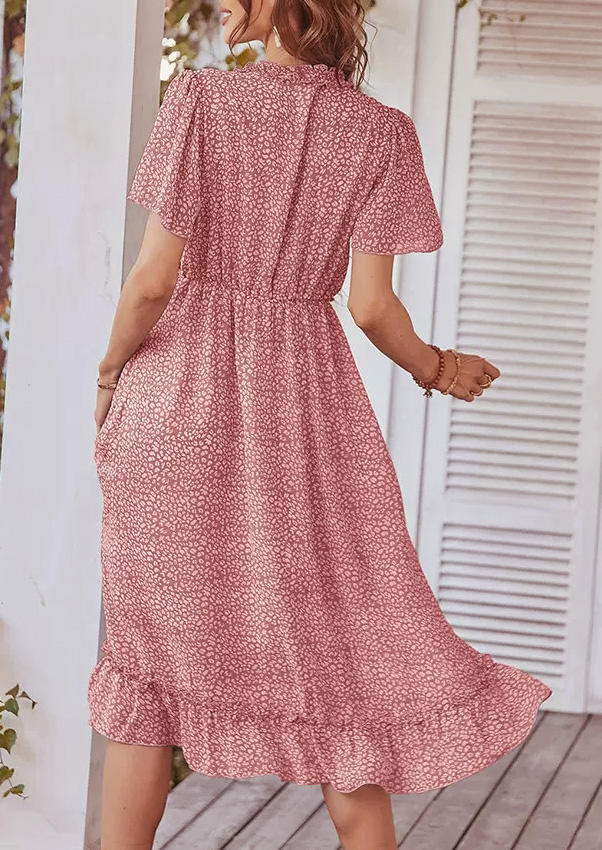 Midi Dresses Ruffled Short Sleeve V-Neck Midi Dress in Pink. Size: S,M,L,XL