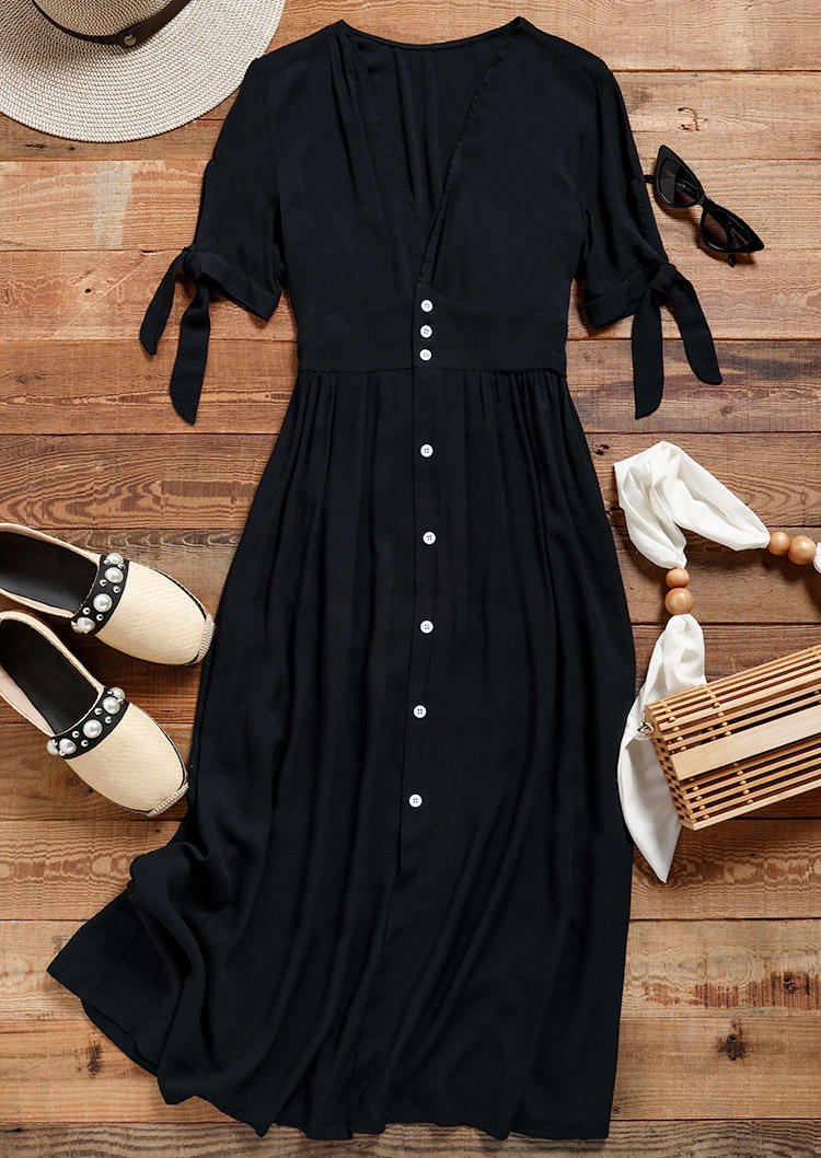 

Midi Dresses Button Tie V-Neck Midi Dress in Black. Size