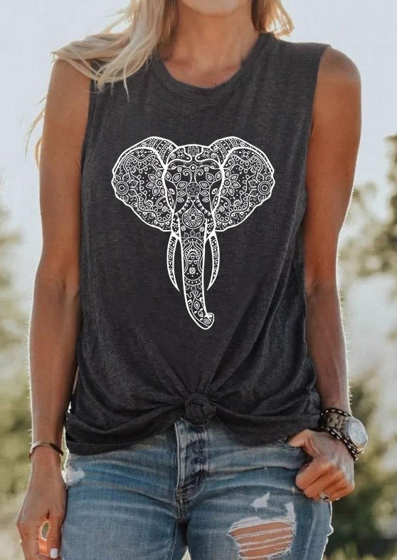 

Tank Tops Floral Elephant O-Neck Tank Top in Dark Grey. Size