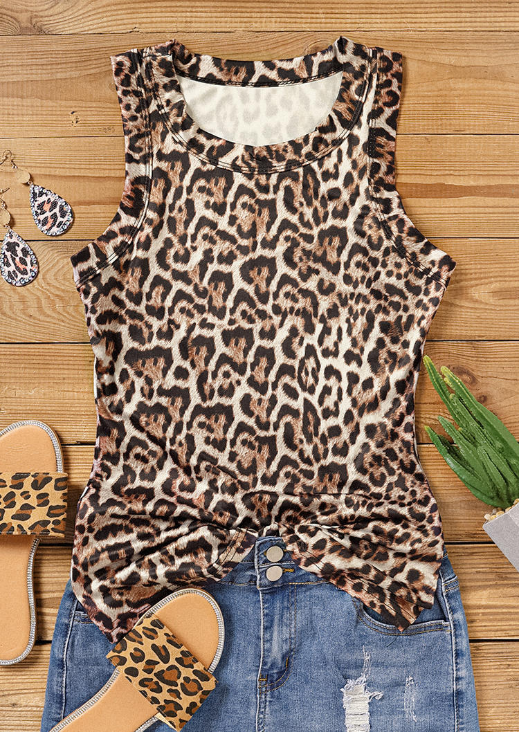 Tank Tops Leopard O-Neck Casual Tank Top in Multicolor. Size: S,XL