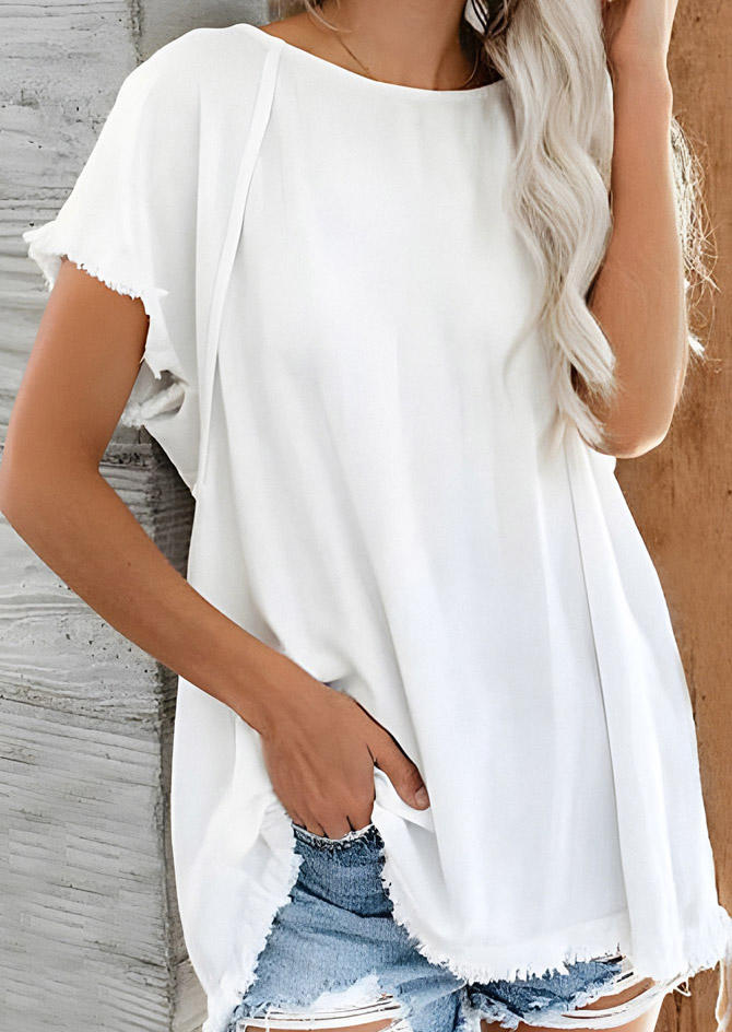 Blouses Frayed Hem Raglan Sleeve Blouse in White. Size: S,M,L,XL