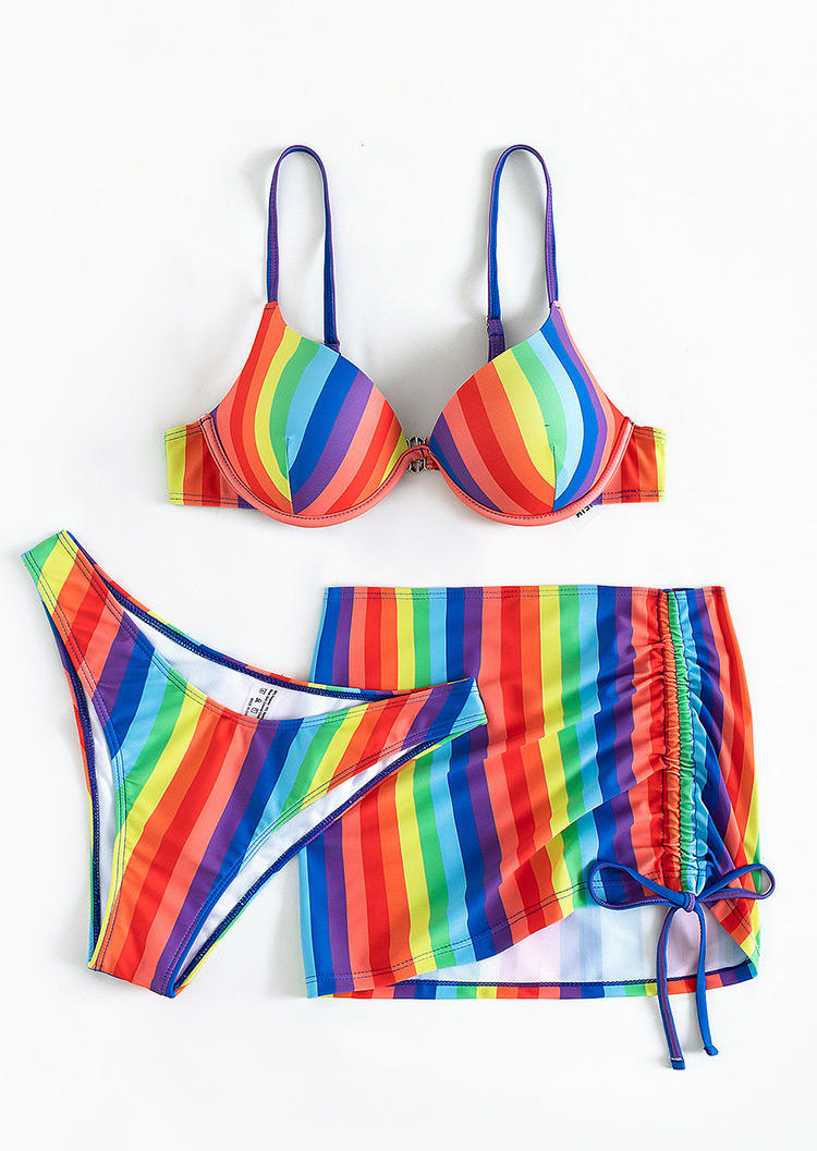 Bikini Sets 3Pcs Colorful Striped Drawstring Bikini Set in Multicolor. Size: S,L,XL