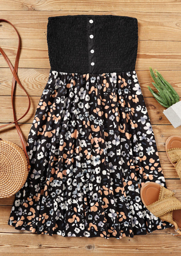 Mini Dresses Floral Button Smocked Strapless Bandeau Mini Dress in Black. Size: M,S,XL