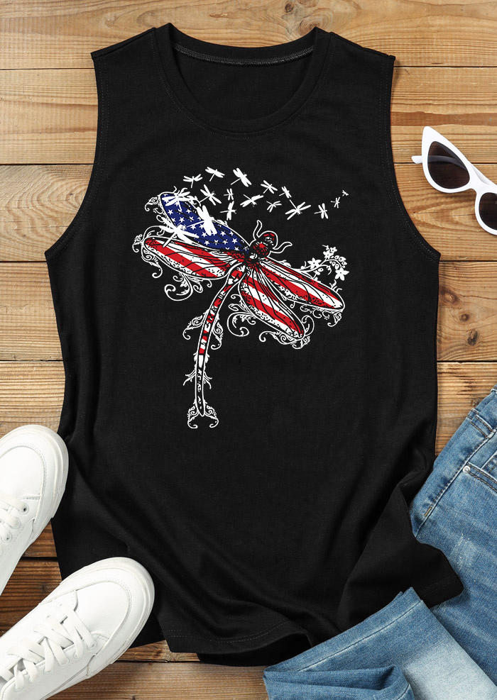 Tank Tops American Flag Dragonfly O-Neck Tank Top -Black in Black. Size: S