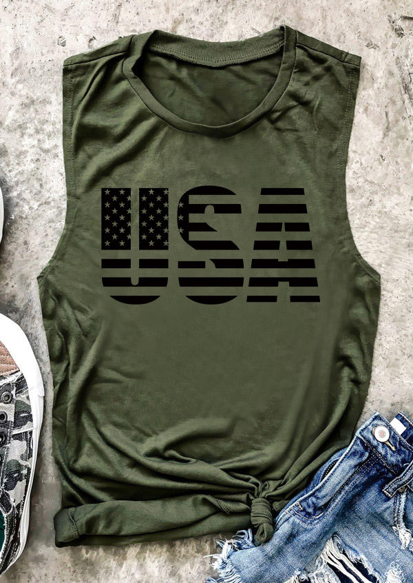 

Tank Tops USA American Flag O-Neck Tank Top in Army Green. Size
