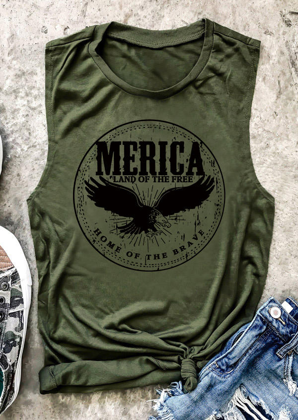 Tank Tops Merica Land Of The Free Home Of The Brave Eagle Tank Top in Army Green. Size: S,M,L,XL